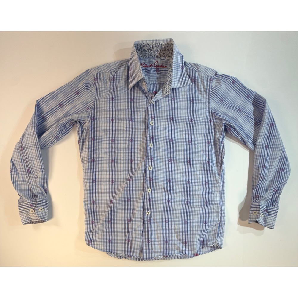 Robert Graham Boys Blue Plaid Button Down Shirt Floral Trim Size L 14-16